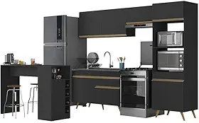 Multimóveis Armário de Cozinha com Bancada/Mesa Gourmet Veneza MP2174 Preto/Dourado