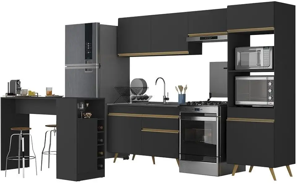 Multimóveis Armário de Cozinha com Bancada/Mesa Gourmet Veneza MP2174 Preto/Dourado