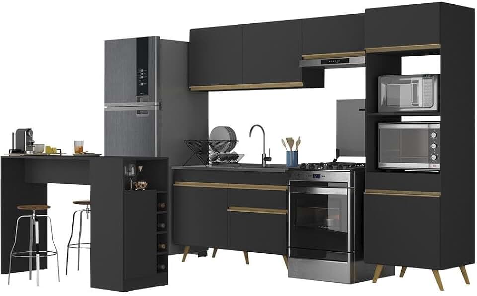 Armário de Cozinha com Bancada/mesa Gourmet Veneza Multimóveis Mp2174 Preto/dourado