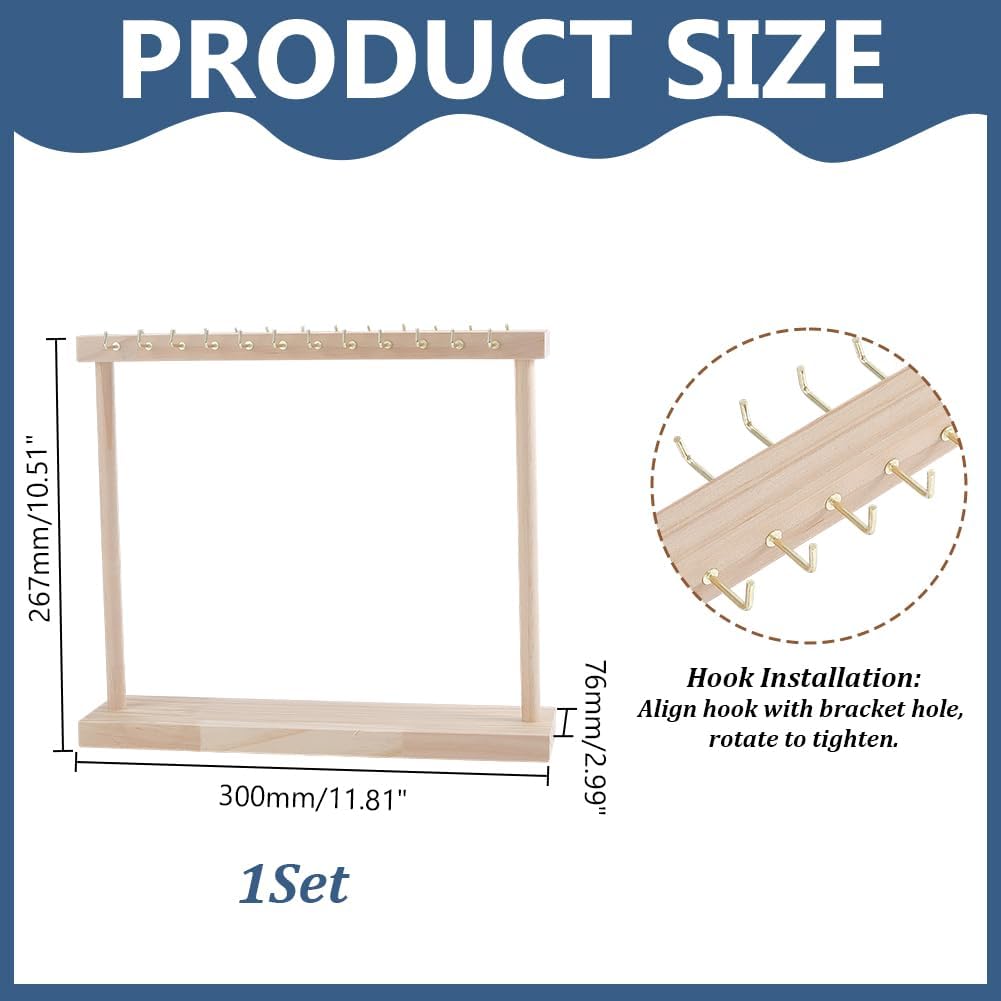 1 Set Wooden Necklace Holder 11.8 Inch Wooden Jewelry Storage Organizer Rack with 24 Hooks Jewelry Display Stand Medium necklace hanger shelf for Hanger Necklace Bracelet