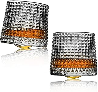 Minkabo Whiskey Glasses Rotatable Decompression - Old Fashioned Set of 2 Bar Style Glassware for Bourbon Scotch Rum (Checkered) (5 oz) (Minkabo-37)