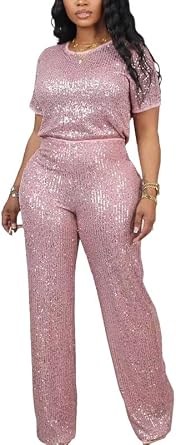 LROSEY Sequin Two Piece Set Glitter Top Sparkly Pants Jumpsuit Party Disco Outfits