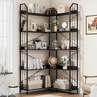 GarveeHome 182cm Eck Bücherregal, l-Förmiges 5-Stöckiges Industrieller Bücherregal Mit Perlenverzierung, Großes Regal Mit Kippschutz Für Wohnzimmer Und Schlafzimmer, Schwarz