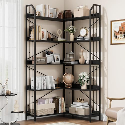 GarveeHome 182cm Eck Bücherregal, l-Förmiges 5-Stöckiges Industrieller Bücherregal Mit Perlenverzierung, Großes Regal Mit Kippschutz Für Wohnzimmer Und Schlafzimmer, Schwarz