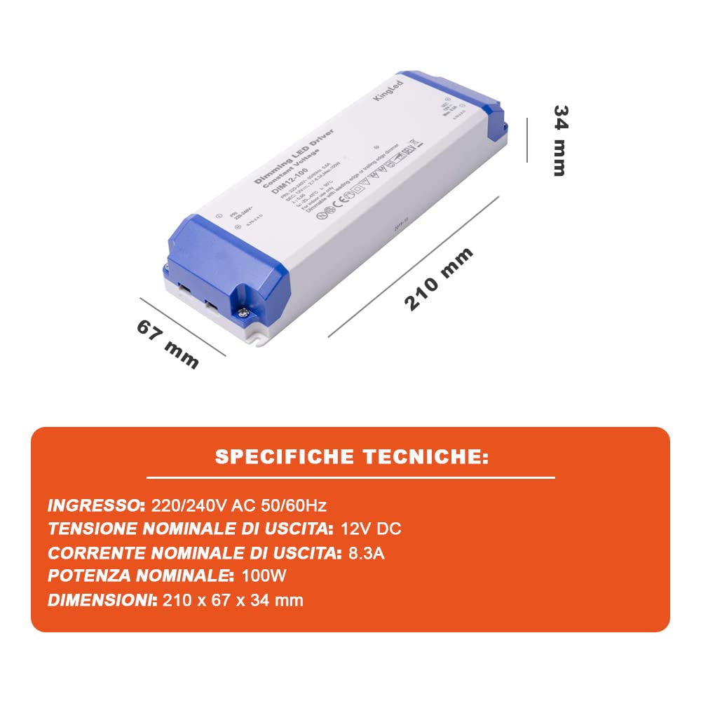 Kingled - Alimentatore 100W DC 12V 8.3A per Strisce Led - Trasformatore Dimmerabile - DIMM12-100 TRIAC