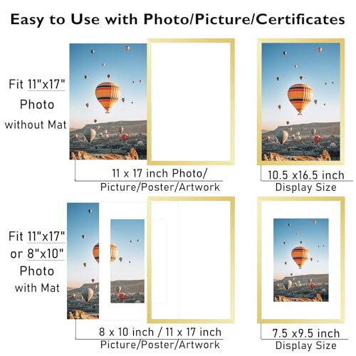 Image of JCJMY 11x17 Picture Frame Gold with 8x10 Mat, Display Photo 8x10 with Mat or 11 x 17 Without Mat, Wall Hanging Large 11x17 Poster Frame with Shatter Resistant Plexiglass, Gold