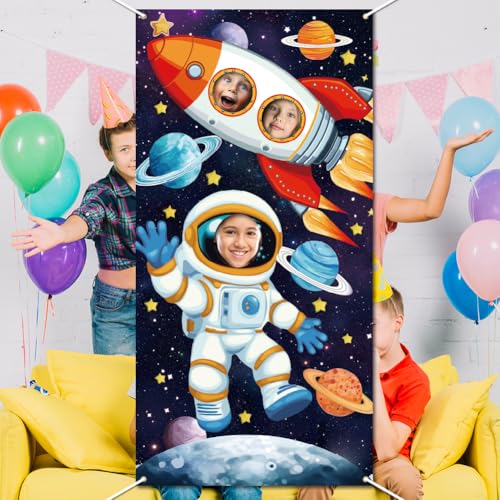 WADORN Bannière de Porte Photo de l'espace Planète, Toile de Fond Photomaton de Importante Taille Fusée D'Astronaute Arrière Plan l'espace Visage Drôle Trou pour d'anniversaire l'espace 90x180cm