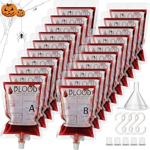 Samniu 20 packs of Blood Bags for Drinks, 8.5fl oz/250ml Drink Pouches for Adults, Reusable IV Bag with Hook, Halloween, Birthday, Summer Pool Party Decorations Cover