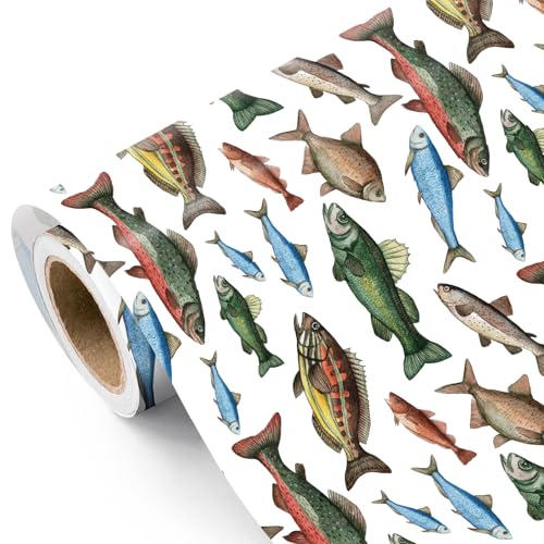 WRAPAHOLIC Fish Wrapping Paper Roll - Mini Roll - 17 Inch x 16.5 Feet - Various Fish Theme Ocean Wrapping Paper for Men Birthday Ocean Theme Party Fathers Day Retirement