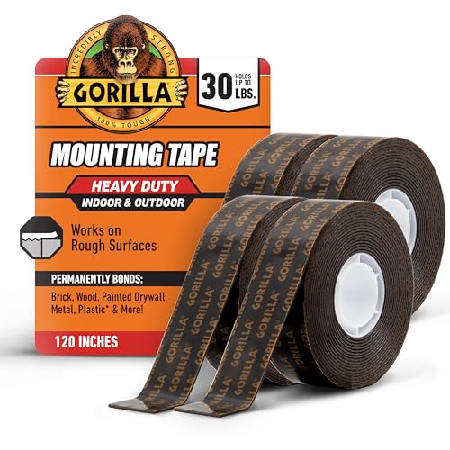 Image of Gorilla Heavy Duty Double Sided Mounting Tape, 1 inch x 120 inch (Pack of 4) Holds up to 30lbs, Industrial Strength Adhesive for Homework Stations, Classroom Setup & Student Projects, Indoor & Outdoor