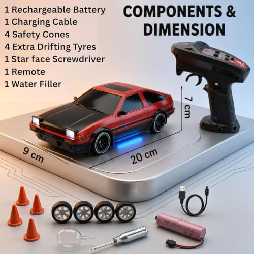 Image of GRAPHENE 4x4 Red RC Drift Car Remote Control Car Toy for Kids Dual Speed Mode Smoke Effect LED Pop up Lights 1:24 4WD Racing Drifting Tyres High Speed Model Stunt Toy Car for Boys 7-14 Years