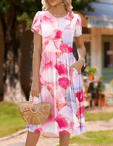 Image of HOTOUCH Women's Summer A-Line Midi Dresses 2026 Casual Floral Short Sleeve T-Shirt Dress Flowy Beach Sundress with Pockets