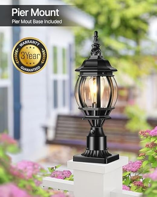 VIANIS Hard Wired Dusk to Dawn Outdoor Post Lights, Modern Exterior Lamp Post Light Fixture with Pier Mount Base, Black Anti-Rust Waterproof Outdoor Pole Lights for Front Porch Patio, Garden, Pathway
