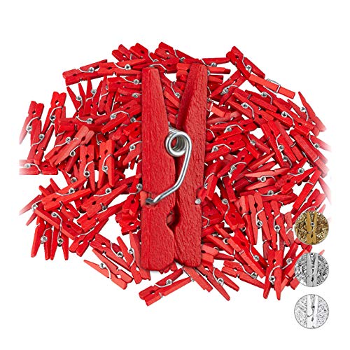 Relaxdays Mini Pinces à Linge en Bois, Lot de 144, Mariages, fêtes, Suspendre Photos, bricoler, DIY, Rouge