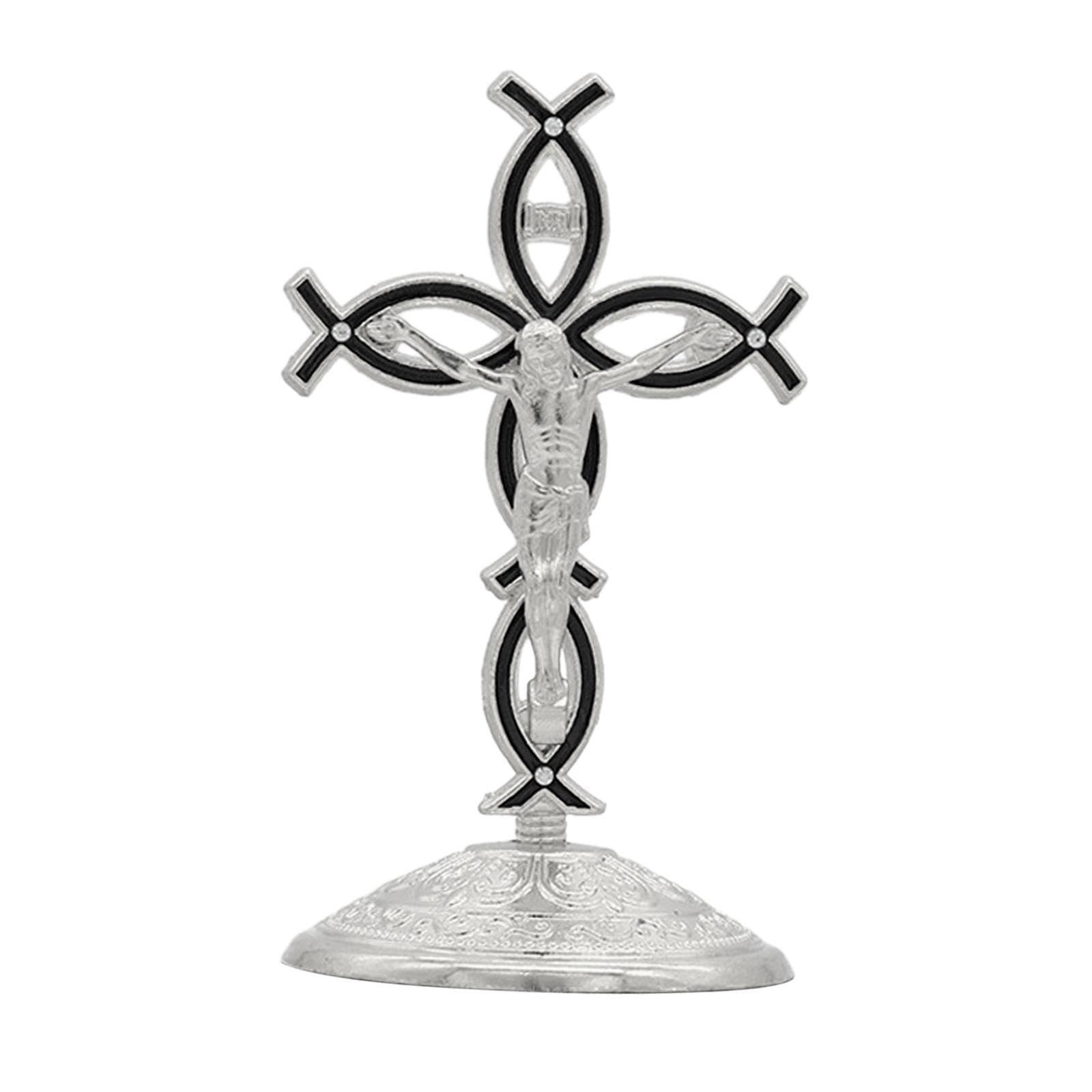 TWISAXC Catholic Religious Sculpture Desktop Art Crafts Ornament Office Home Jesus Cross Statue Jesus Crucifix Statue Collection Home Decoration Sturdy, Silver Black, 5x9cm