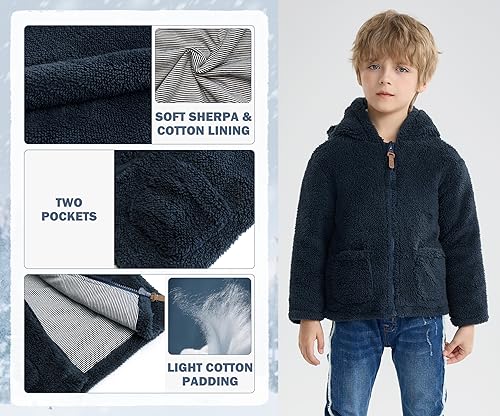 Image of SOLOCOTE Boys Winter Coat Kids Toddler Hooded Fleece Jacket Warm Sherpa Lined Zip Up Sweatshirt