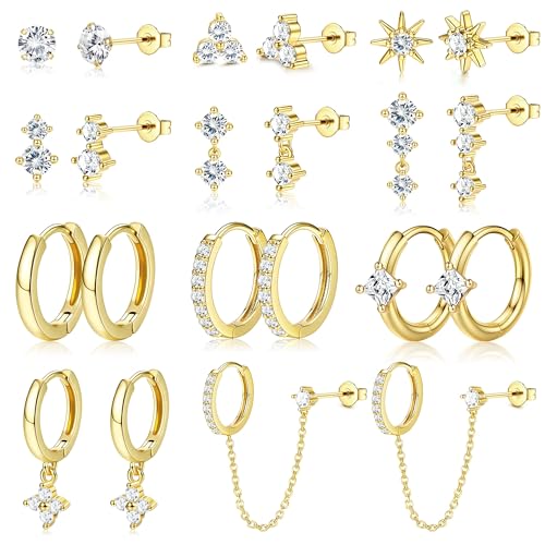 11/12 Pairs Hoop Earrings for Women 14k Gold Plated Small Huggie Hoop Earrings Pack Trendy CZ Cartilage Stud Earrings Set for Multiple Piercings