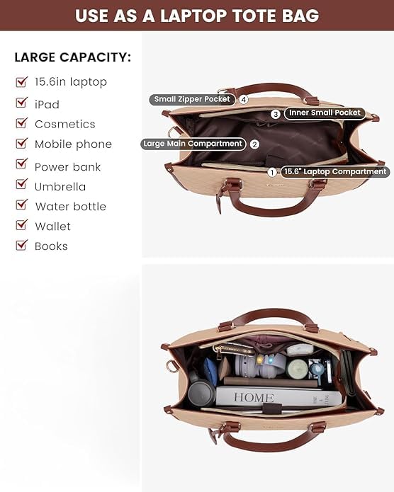 Image of Crewer Elegant Work Bag with Lunch Compartment - Laptop Tote Bag with Lunch Box Section, Office Bag with Insulated Lunch Storage - Stylish Quilted Shoulder Bag for Women.