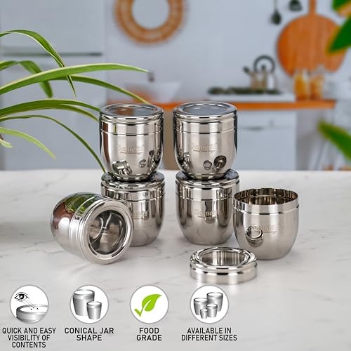 Image of Sumeet Stainless Steel Conical Shape Canisters /Dabba /Storage Containers for Kitchen with See Through Lid, Set of 6 Pcs, 250ml Each, 7cm Dia, Silver