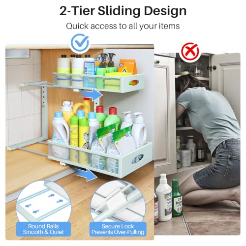 Image of Under Sink Organizer, 2 Tier Pull Out Under Cabinet Organizer Shelf with Pad for Framed Cabinets, Metal Slide Out Under Sink Storage, Mesh Sliding Drawers for Kitchen Bathroom Laundry(Blue, 1 Pack)