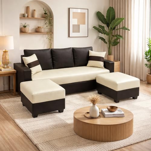 Image of Strike Dual Tone 5 Seater L Shape Leatherette Sofa Set with 2 Movable Ottomans | Flexible Layout | Premium Leatherette Upholstery | for Living Room & Office Spaces (Black & Cream) | Breathable Material