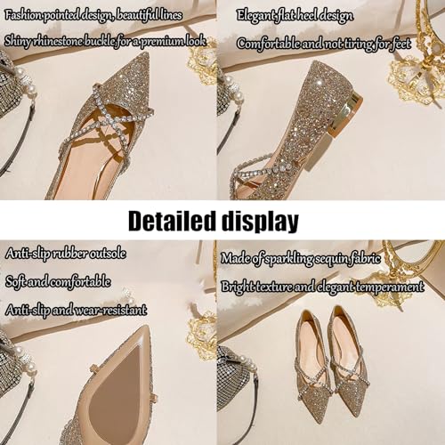 Women's Glitter Sequin Pointed Toe Flat Wedding Dress Shoes Fashion Rhinestone Strap Comfortable Low Heel Slip-On Party Ballet Flats3