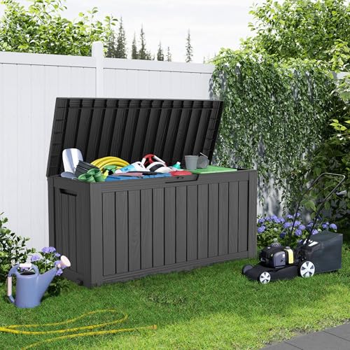 Image of 85 Gallon Outdoor Deck Box, Lockable Waterproof Outdoor Storage Boxes For Garden Tools,Indoor Cushions,Accessories Outside Storage Resin Weatherproof Container(Black)