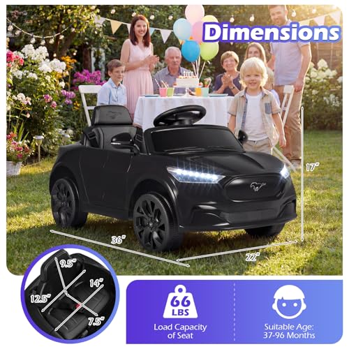 Image of Costzon Ride on Car, 12V Licensed Ford Mach E Kids Electric Vehicle with Parent Remote, LED Lights, Horn, Music, Wireless Connection & Spring Suspension, Kids Car Toy for Girls Boys (Deep Black)