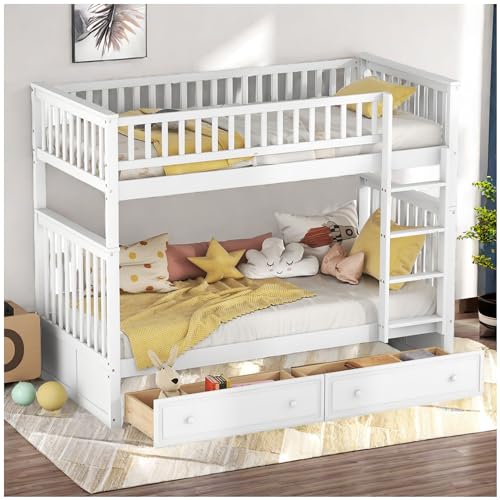 Racxily Literas 90x200cm, Desmontable en Dos cunas,Camas Infantiles con Dos cajones y barandillas anticaída, Camas funcionales, Blanco