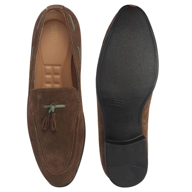 Image of FAUSTO Mens Suede Leather Tassel Loafers| Slip-On Party & Formal Dress Casual Shoes for Weddings & Parties | Comfort Moccasins