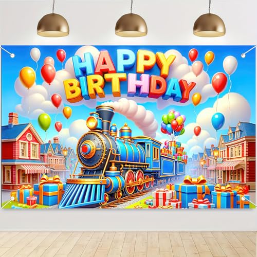 Image of BlissYard Happy Birthday Banner Colorful Train Birthday Backdrop Cartoon Train Banner Decorations Photography Background Photo Shoot Props for Boy Girl Kid Train Birthday Party Backdrop 71 x 43 Inch