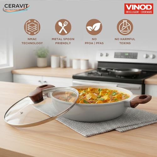 Image of Vinod Ceravit Ceramic Non Stick Deep Kadhai with Glass Lid - 26 cm, 3.1 Litre | 100% Toxin Free Kadai for Cooking | PFAS & PFOA Free | Metal Spoon Friendly | Gas & Induction Base Compatible