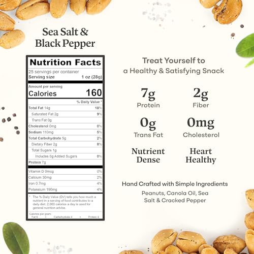 Image of Belmont Peanuts Gourmet Sea Salt and Black Pepper Flavored Virginia Peanuts, 25 oz (2 Pack) - Only 4 Simple Ingredients, No Preservatives, 7g Protein - Salty, Peppery, Crunchy, Hand Seasoned Snack