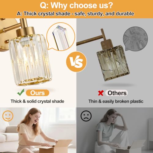 Image of Modern Crystal Bathroom Vanity Light, 2-Pack Brushed Gold Vanity Light with Clear Crystal Shades, Bathroom Light Fixtures Over Mirror (Bulbs Not Included)