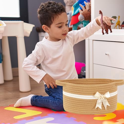 Image of Gift Baskets Empty, Small Woven Rope Storage Basket with Bow and Ribbons and Gift Wrap, Bowknot Decorative Gifts Basket with Handles, DIY Storage Organizer Basket for Wedding Graduation, Jute
