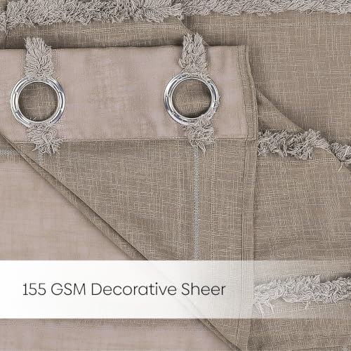 Image of haus & kinder Decorative Sheer Door Curtain 7 Feet Pack of 1 |Aesthetic Decor Long Curtain Feather Fringe Mocha 120 x 213 cm