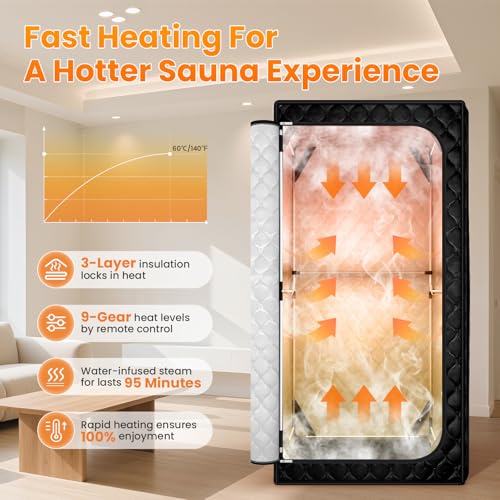 Portable Sauna for Home, Upgraded Personal Steam Sauna Box with 3L 1300W Steamer, Folding Chair, Extra Large Size Foldable Home Sauna 3’X 3’X 5.9’, Full Body Sauna Tent for Relaxation Spa, Black