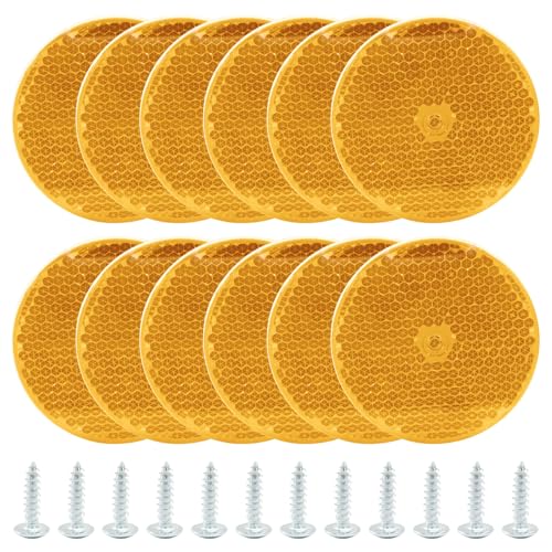 Image of 12 Pack Yellow Round Reflector | Front Reflector, With Mounting Screw, For Driveway, Trailer, Posts, Safety Reflectors