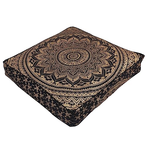 Black Gold Printed Mandala Floor Cushion 35x35 LARGE Pillow Cover - Image 3