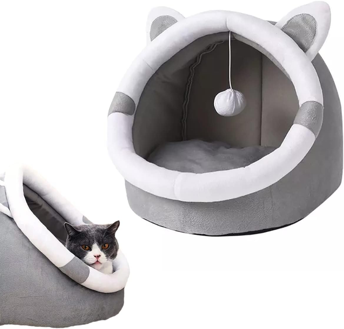 Cat Bed for Indoor Cats & Small Dog Bed, Cute Bunny Shaped Cave Bed, Calming Anti Anxiety, Privacy Cat/Small Dog Cave Bed with Hanging Toy,Puppy Bed cat scratching post (large)