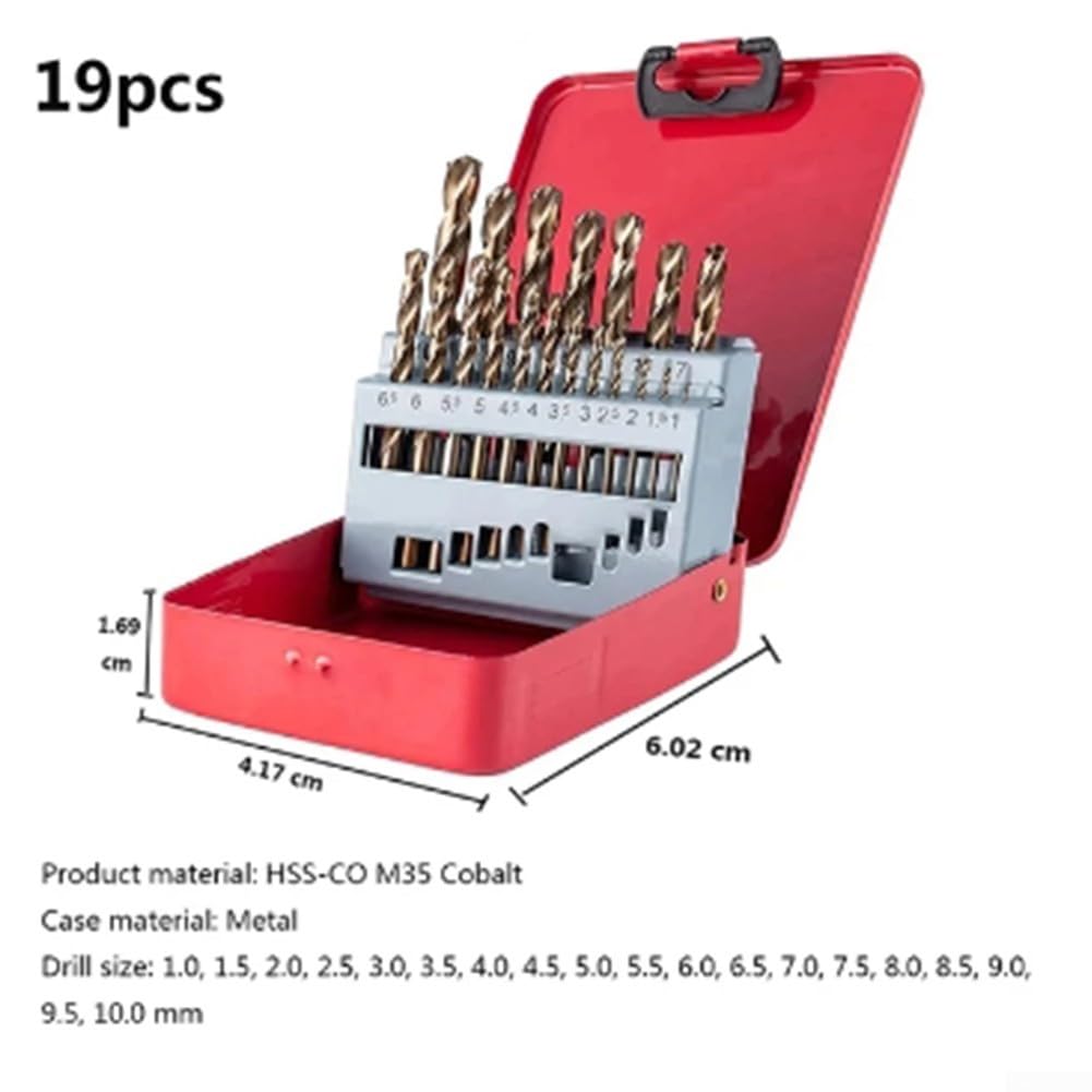 Set di punte da trapano, strumenti intaglio, pacchetto elicoidali al cobalto 19 pezzi M35 con gambo dritto for forare acciaio inossidabile, metalli duri, ghisa, rame, alluminio