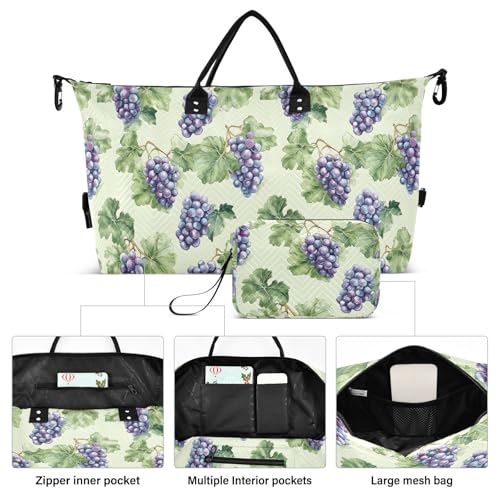Large Travel Duffel Bag Sports Tote Gym Bag Overnight Weekender Bags Grape Green Leaves Carry On Luggage with Toiletry Bags2