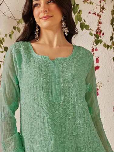 Image of Ada Hand Embroidered Lucknowi Chikankari Kota Kurta for Women A411211