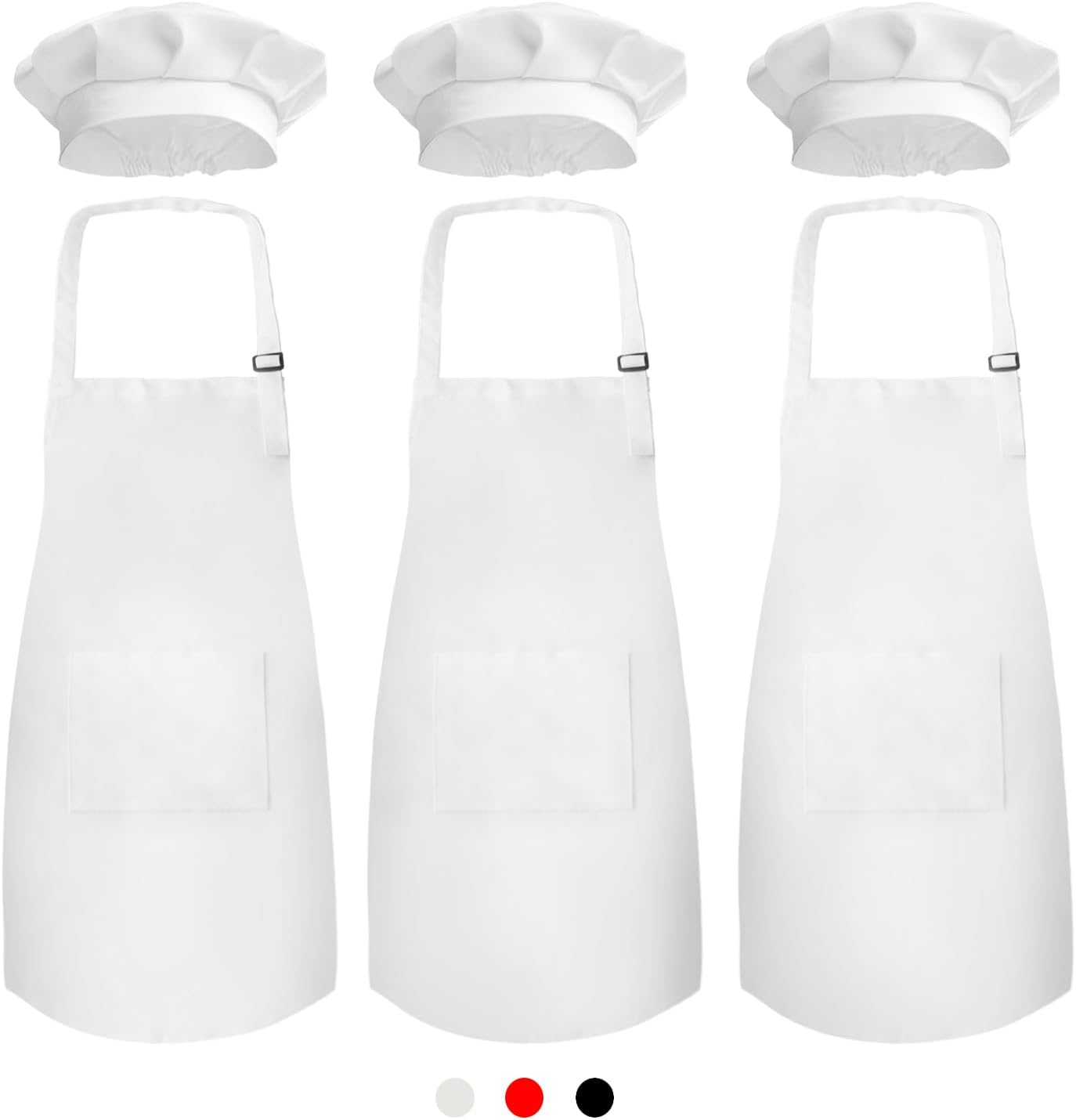 Novelty Place Kid's Apron with Chef Hat Set (3 Set) - Skin-friendly Children’s Bib with Pocket - Cooking, Baking, Painting, Training Wear - Kid's Size (6-12 Year, White)