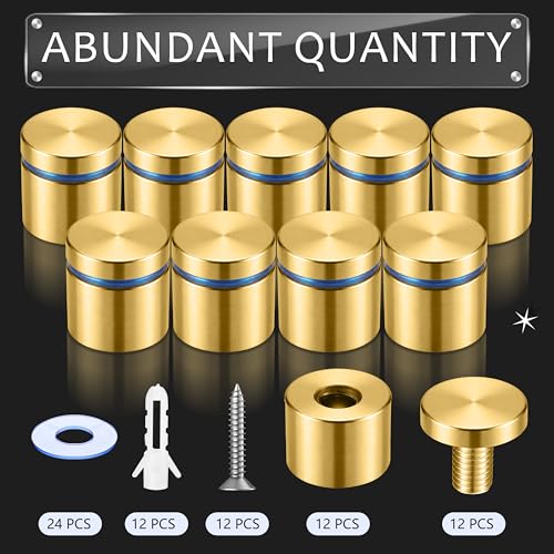 Image of Pelopy 12 Pcs Sign Standoff Screws Advertising Screws Stainless Steel Wall Standoff Mounts Glass Acrylic Nail (1 x 1 Inch,Gold)