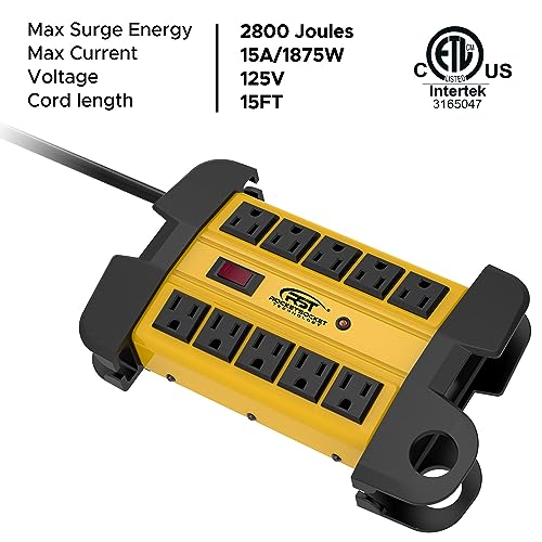 Image of CRST 10-Outlets Heavy Duty Power Strip Metal Surge Protector with 15 Amps, 15-Foot Long Cord 2800 Joules for Garden, Kitchen, Office, School, ETL Listed(2-Pack)
