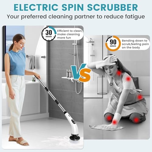 Image of Electric Spin Scrubber for Cleaning, Electric Mop for Floor Cleaning with 9 in 1 Replaceable Heads-90Mins Work Time,3 Adjustable Size,2 Adjustable Speeds for Bathroom Shower,Tile, Floor (Large)
