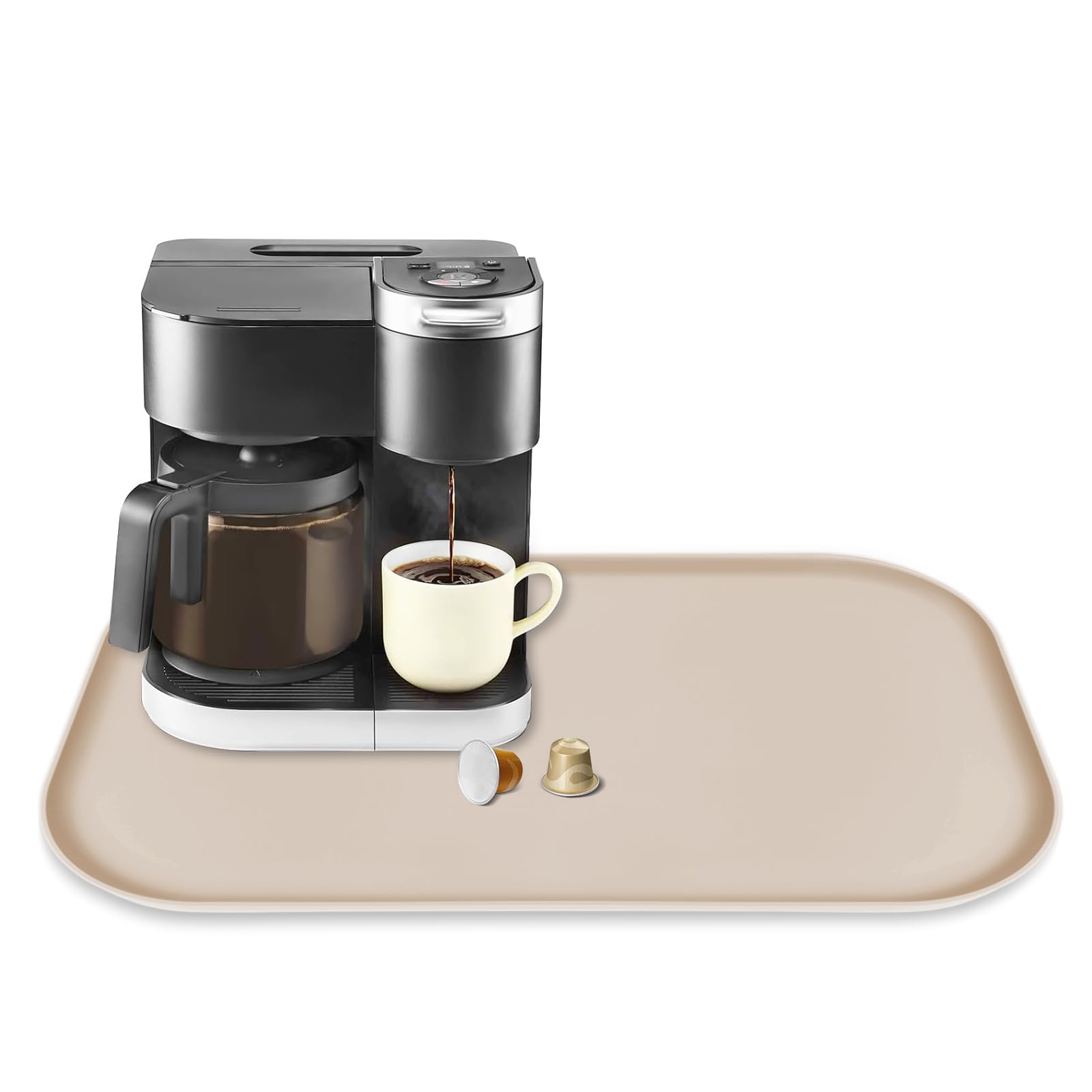 Silicone Coffee Maker Mat with Lip for Countertops, 24'' x 16'', Khaki