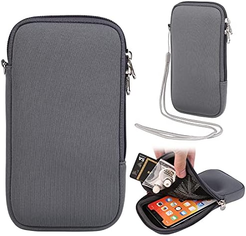 Zipper Phone Sleeve Pouch w/Neck Lanyard Compatible for Apple iPhone 14 13 Pro Max/XS Max / 8 Plus/LG G8 ThinQ/Motorola G Power Pure Play One 5G Ace/Pixel 7 6 Pro/Xiaomi 12 13 Pro (Gray)