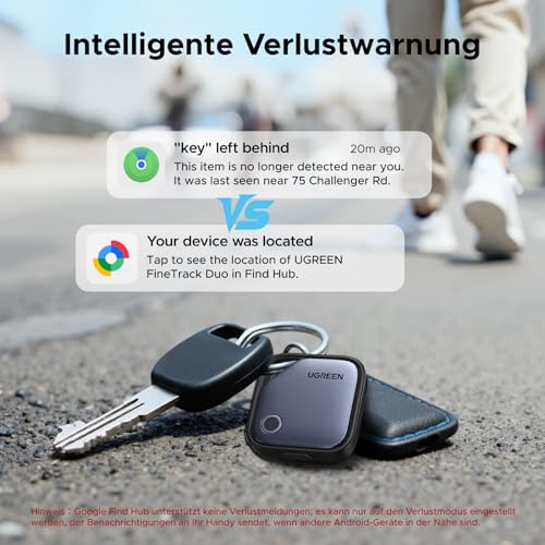 UGREEN FineTrack Duo 4er Pack für iOS oder Android, USB C aufladbarer Tracker kompatible mit Apple Find My oder Google Find Hub, Schlüsselfinder und Smarttag für Backpack, Koffer, Pass usw.